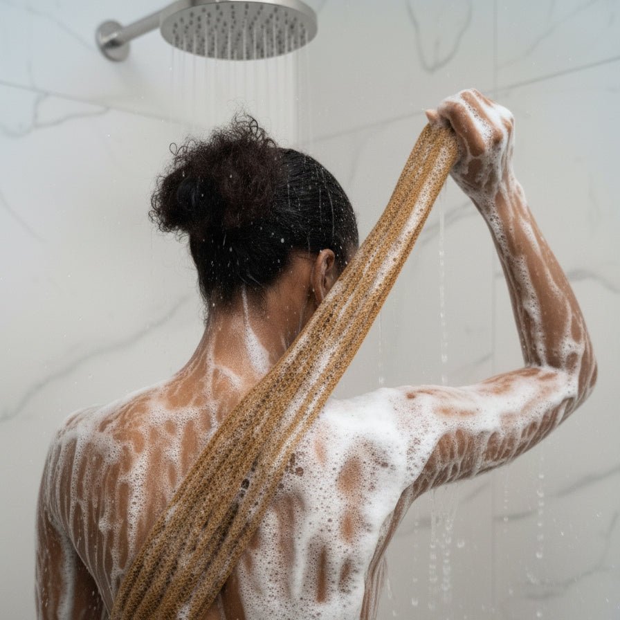 Woman scrubbing her back in the shower with the sweetscrub exfoliating african sponge - Solaurae