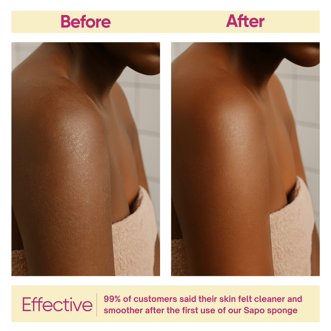 before and after comparison of a womans skin after using the sweetscrub exfoliating african sponge - Solaurae