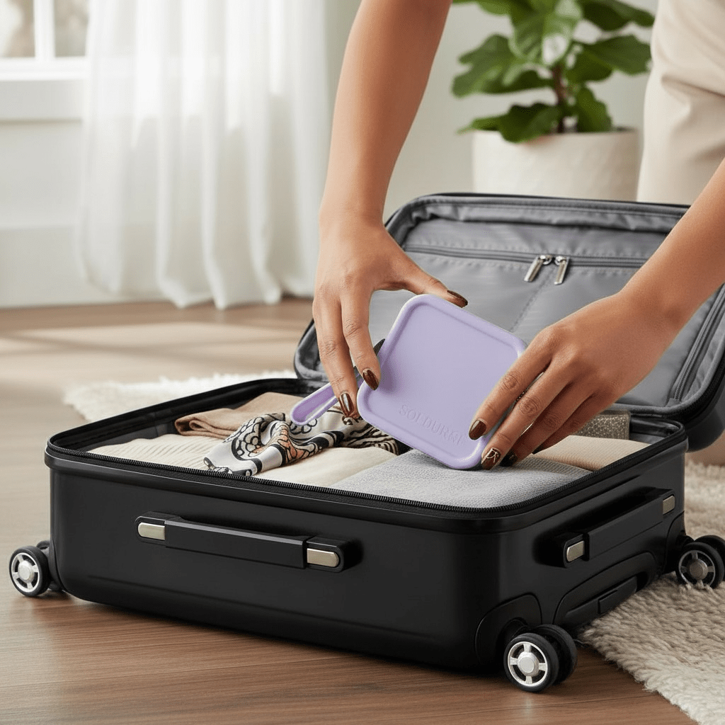 lumi beauty essentials travel case being packed into a suitcase for travel - Solaurae