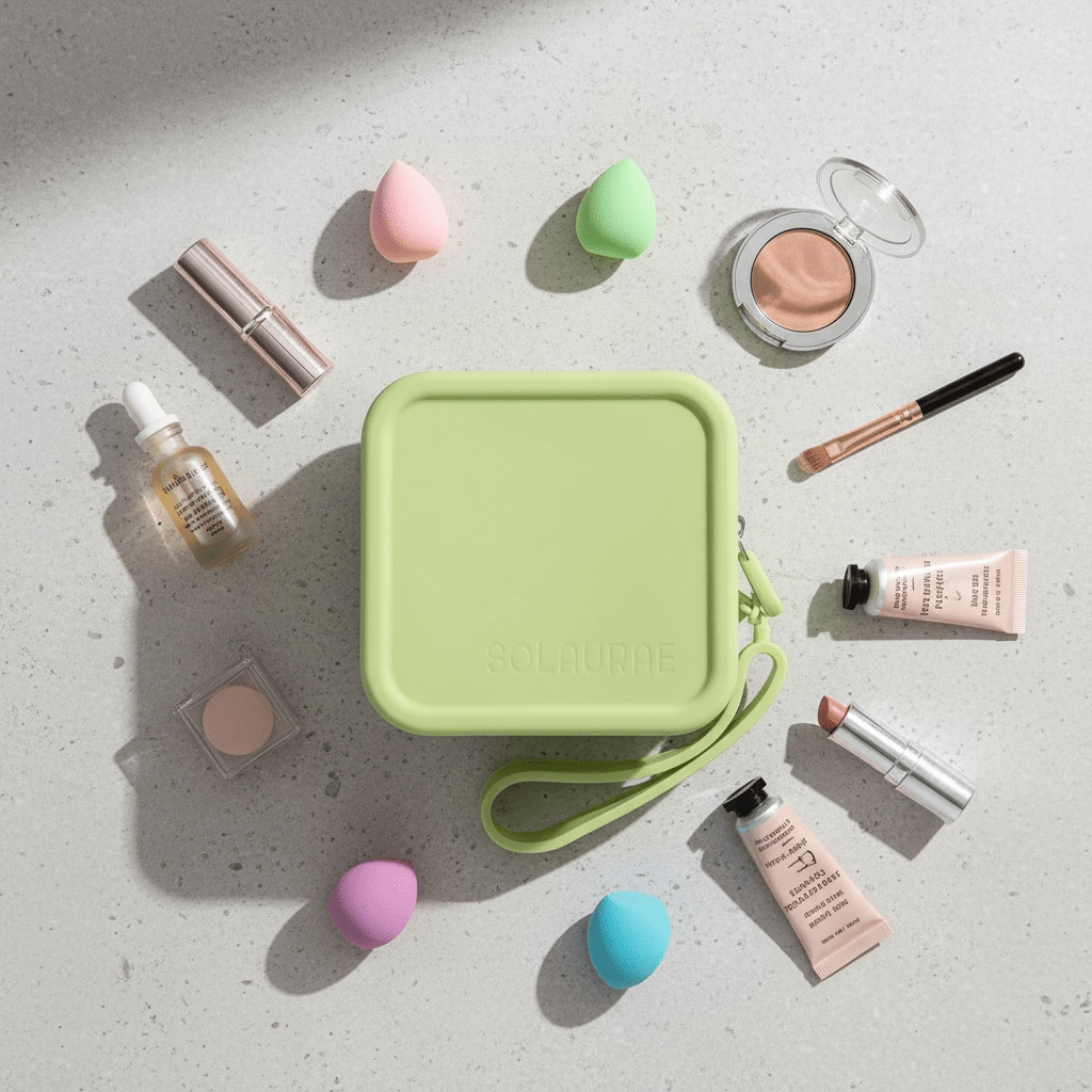 lumi beauty essentials travel case surrounded by travel-sized makeup items - Solaurae